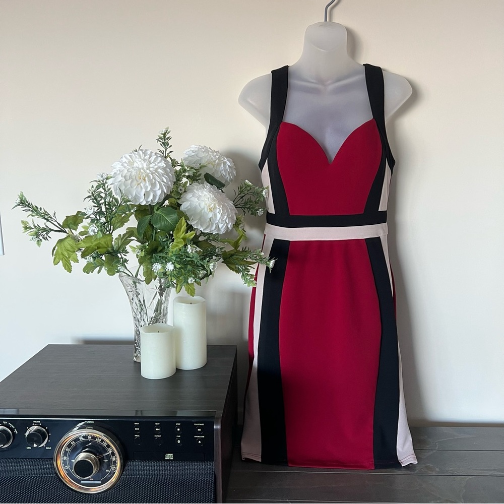 Red/black/beige pin-up style midi dress - Picture 1 of 12